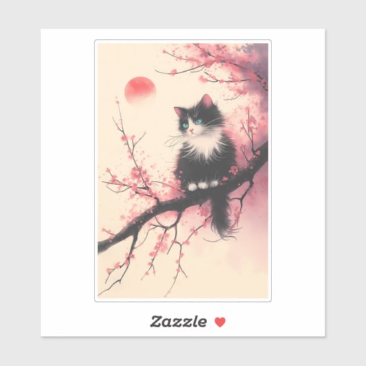Tuxedo Cat auf Cherry Blossom Japanisch Ästhetik Aufkleber (Blatt)