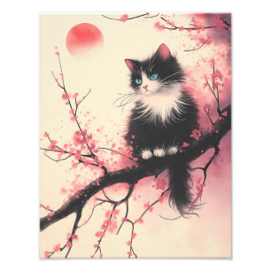 Tuxedo Cat auf Cherry Blossom Japanisch Ästhetik Fotodruck