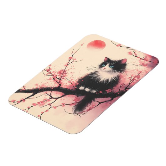 Tuxedo Cat auf Cherry Blossom Japanisch Ästhetik Magnet (Linke Seite)
