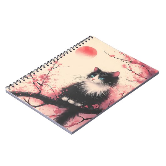 Tuxedo Cat auf Cherry Blossom Japanisch Ästhetik Notizblock (Linke Seite)