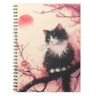 Tuxedo Cat auf Cherry Blossom Japanisch Ästhetik Notizblock