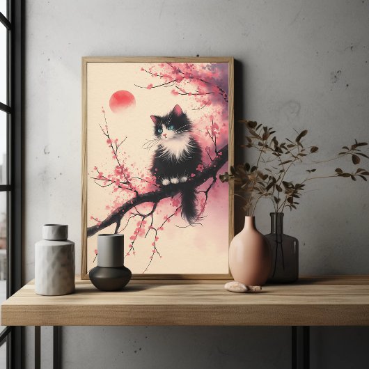 Tuxedo Cat auf Cherry Blossom Japanisch Ästhetik Poster