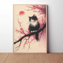 Tuxedo Cat auf Cherry Blossom Japanisch Ästhetik Poster
