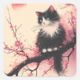 Tuxedo Cat auf Cherry Blossom Japanisch Ästhetik Quadratischer Aufkleber