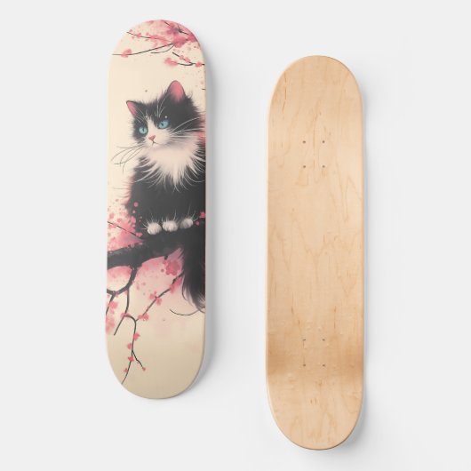 Tuxedo Cat auf Cherry Blossom Japanisch Ästhetik Skateboard (Vorderseite)
