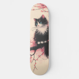 Tuxedo Cat auf Cherry Blossom Japanisch Ästhetik Skateboard