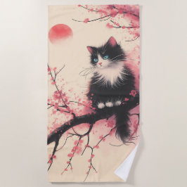 Tuxedo Cat auf Cherry Blossom Japanisch Ästhetik Strandtuch
