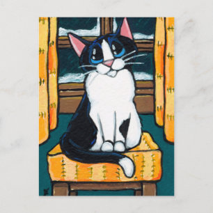 Tuxedo Cat bei Snowy Window Painting Postkarte