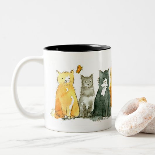 Tuxedo Cat Calico Kitten Wasserfarbige Tiere Zweifarbige Tasse (Mit Donut)