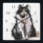 Tuxedo Cat Cats Art Animal Childs Nursery Room Quadratische Wanduhr<br><div class="desc">Tuxedo Cat Cats Art Animal Child's Nursery Room Decor Clock. Designed from my original ink drawing art.</div>
