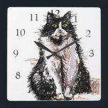 Tuxedo Cat Cats Art Animal Childs Nursery Room Quadratische Wanduhr<br><div class="desc">Tuxedo Cat Cats Art Animal Child's Nursery Room Decor Clock. Designed from my original ink drawing art.</div>