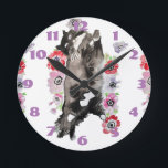 Tuxedo Cat Cats Art Animal Childs Pink Round Clock Runde Wanduhr<br><div class="desc">Tuxedo Cat Cats Art Animal Childs Room Clock. Designed from my original watercolour art.</div>