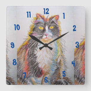 Tuxedo Cat Cats Art Animal Childs Room Clock Quadratische Wanduhr