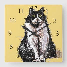 Tuxedo Cat Cats Art Animal Kinder Kinderzimmer Roo Quadratische Wanduhr