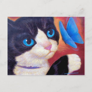 Tuxedo Cat Chasing Butterfly Malerei Postkarte