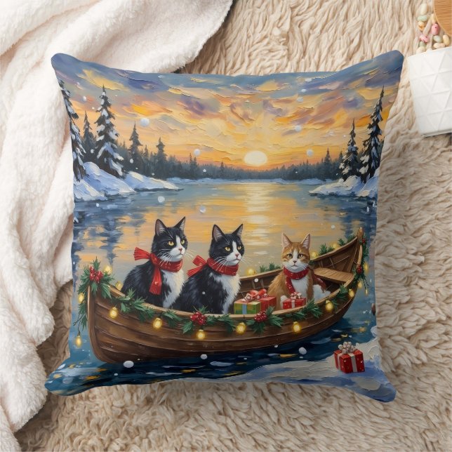 Tuxedo Cat Christmas Boat Holiday Kissen (Decke)