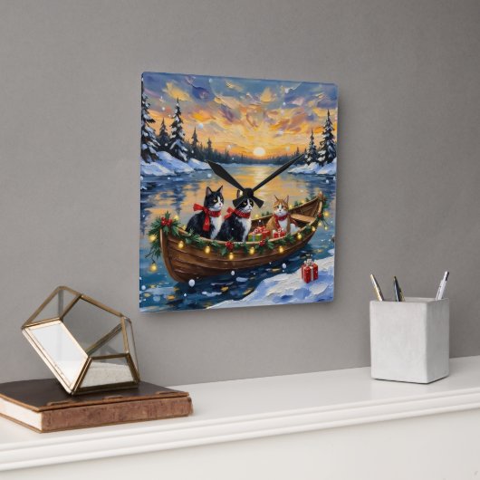 Tuxedo Cat Christmas Boat Holiday Quadratische Wanduhr (Büro)