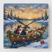Tuxedo Cat Christmas Boat Holiday Quadratische Wanduhr (Vorderseite)