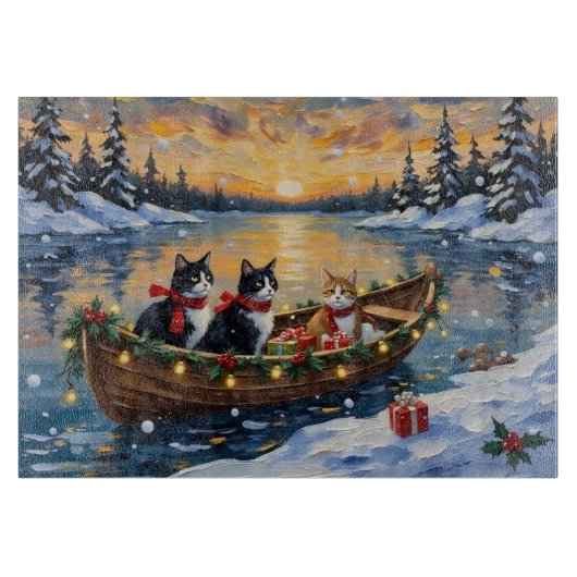 Tuxedo Cat Christmas Boat Holiday Schneidebrett (Vorderseite)