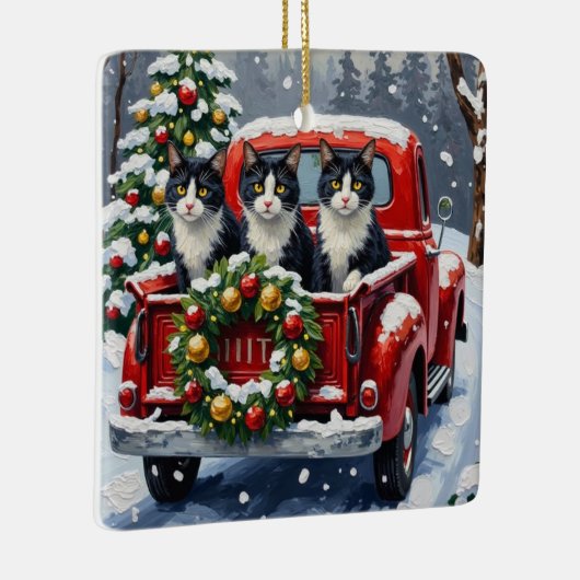 Tuxedo Cat Christmas Red Truck Holiday Keramikornament (Rechts)