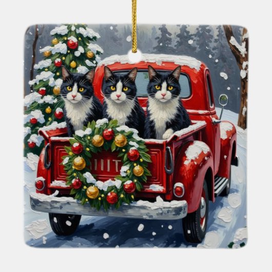 Tuxedo Cat Christmas Red Truck Holiday Keramikornament (Rückseite)