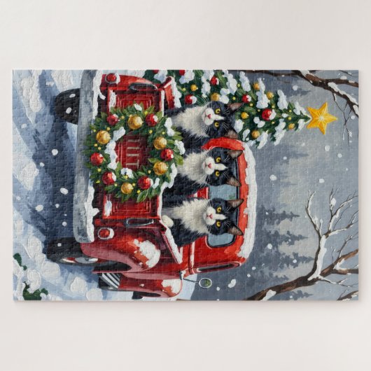 Tuxedo Cat Christmas Red Truck Holiday Puzzle (Horizontal)