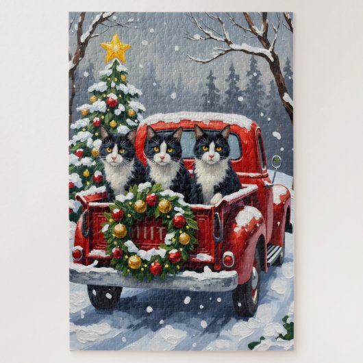 Tuxedo Cat Christmas Red Truck Holiday Puzzle (Vertikal)