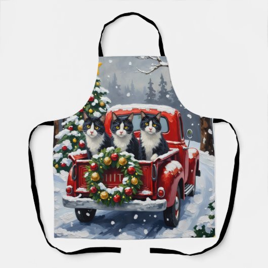 Tuxedo Cat Christmas Red Truck Holiday Schürze (Vorderseite)