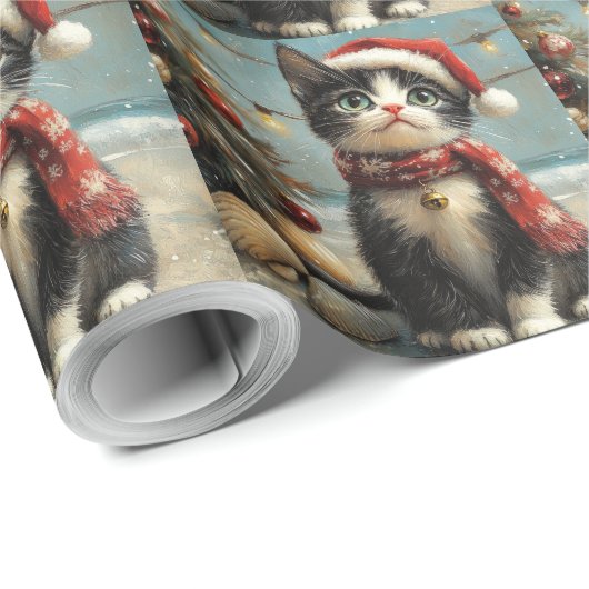 Tuxedo Cat Christmas Vintag Beach Geschenkpapier (Rolleneckpunkt)