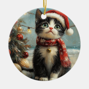 Tuxedo Cat Christmas Vintag Beach Keramik Ornament