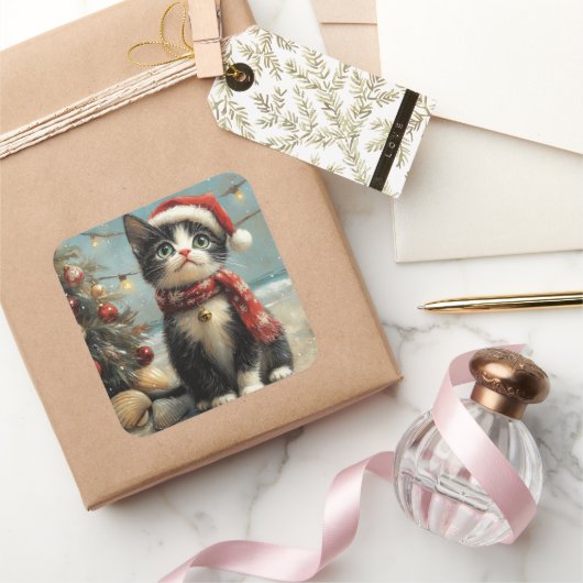 Tuxedo Cat Christmas Vintag Beach Quadratischer Aufkleber (Schenken)