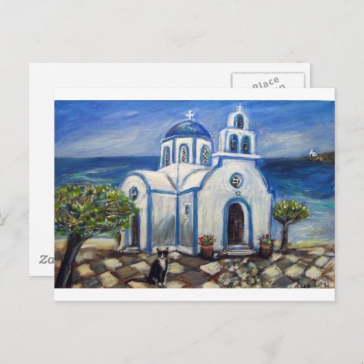Tuxedo Cat Church auf der griechischen Insel Maler Postkarte (Vorne/Hinten)