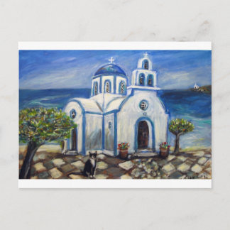 Tuxedo Cat Church auf der griechischen Insel Maler Postkarte