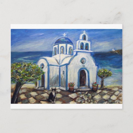 Tuxedo Cat Church auf der griechischen Insel Maler Postkarte (Vorderseite)