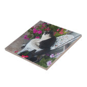 Tuxedo Cat Cute with Pretty Flowers Black Cats Fliese (Seite)