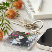 Tuxedo Cat Cute with Pretty Flowers Black Cats Schlüsselanhänger (Vorderseite rechts)