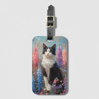 Tuxedo Cat Farbige Lupine Blume Malerei Gepäckanhänger