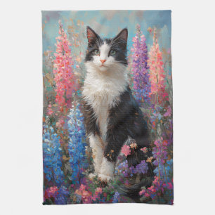 Tuxedo Cat Farbige Lupine Blume Malerei Geschirrtuch