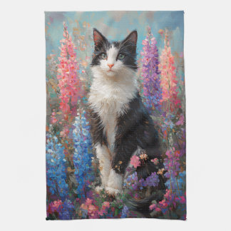 Tuxedo Cat Farbige Lupine Blume Malerei Geschirrtuch