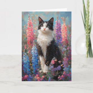 Tuxedo Cat Farbige Lupine Blume Malerei Karte
