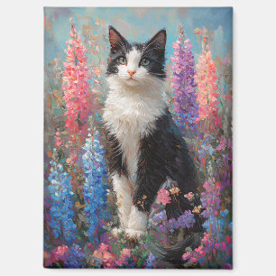 Tuxedo Cat Farbige Lupine Blume Malerei Magnet