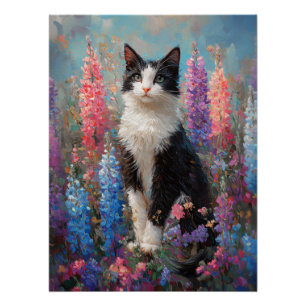 Tuxedo Cat Farbige Lupine Blume Malerei Poster