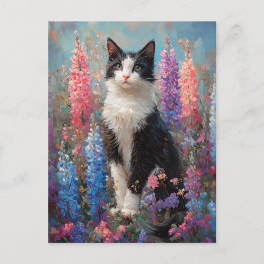 Tuxedo Cat Farbige Lupine Blume Malerei Postkarte (Vorderseite)