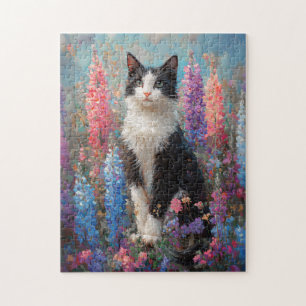 Tuxedo Cat Farbige Lupine Blume Malerei Puzzle
