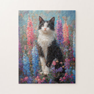 Tuxedo Cat Farbige Lupine Blume Malerei Puzzle