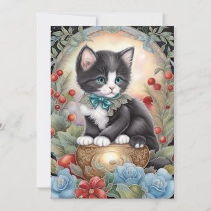 Tuxedo Cat Floral Art Nouveau Feiertagskarte