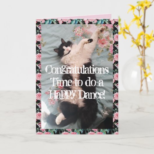 Tuxedo Cat Funny gratuliert Happy Dance Card Karte (Gelbe Blume)