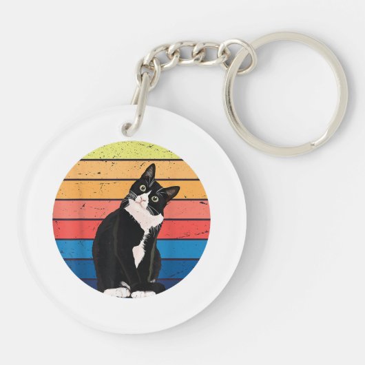 Tuxedo Cat Geschenk Retro Farben für Tierfreunde Schlüsselanhänger (Rückseite)