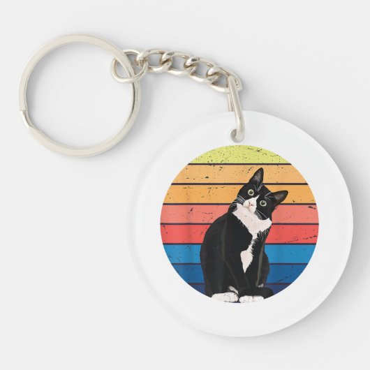 Tuxedo Cat Geschenk Retro Farben für Tierfreunde Schlüsselanhänger (Vorderseite)