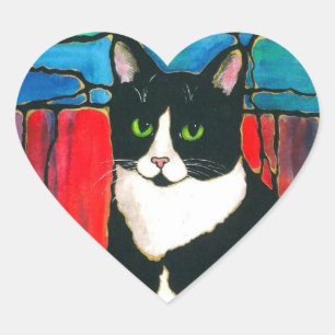 Tuxedo Cat Gestaltetes Glas Design Art T - Shirt Herz-Aufkleber